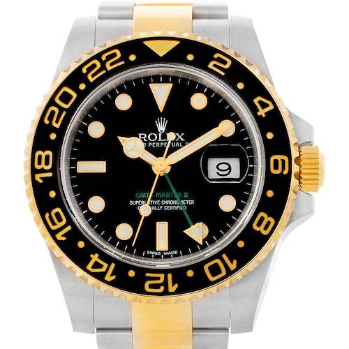Photo of Rolex GMT Master II Yellow Gold Steel Mens Watch 116713 Box Card