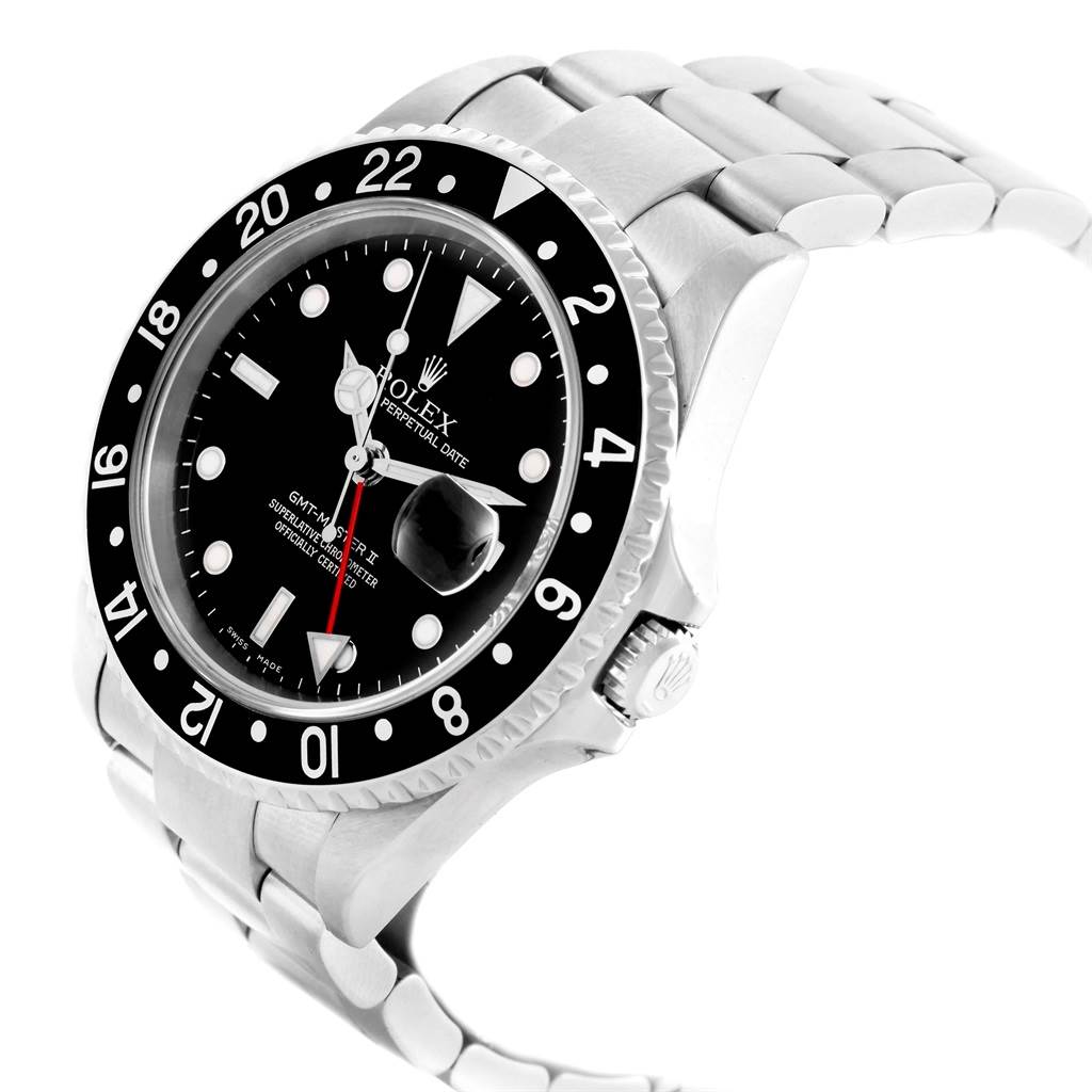 This image shows the Rolex GMT-Master 20121 Men's Stainless Steel Black Dial 20121 Men's Stainless Steel Black Dial watch at a three-quarter angle, highlighting the bezel, dial, and bracelet.
