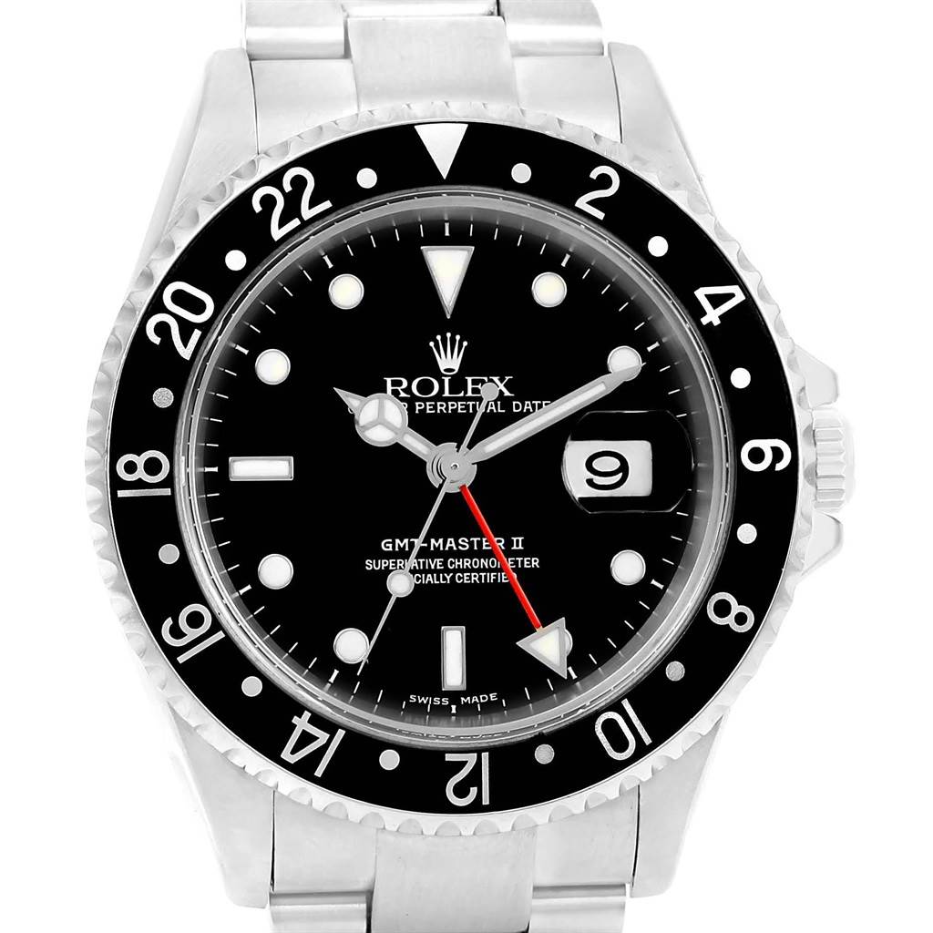 The image shows a Rolex GMT-Master 20121 Men's Stainless Steel Black Dial 20121 Men's Stainless Steel Black Dial watch, highlighting the black dial, bezel, and stainless steel bracelet from a front-facing angle.