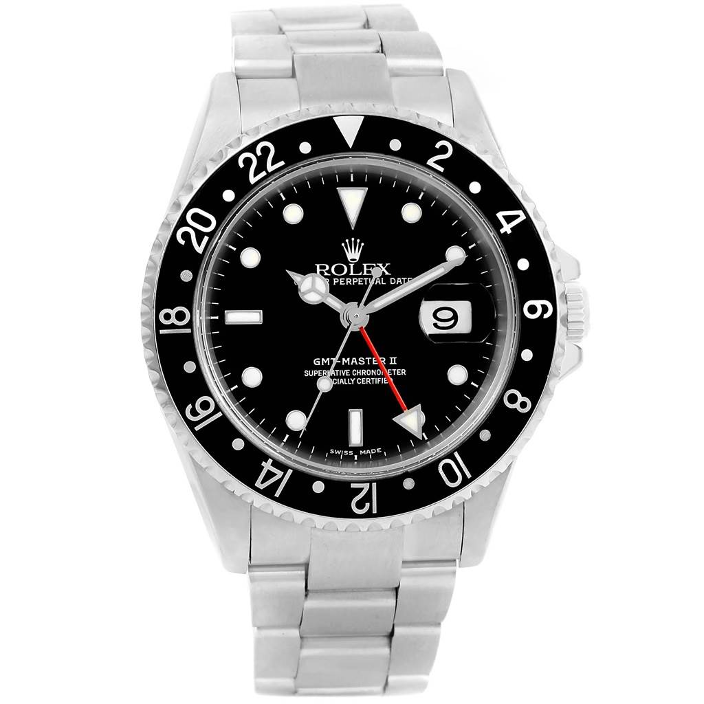The image shows a front-facing Rolex GMT-Master 20121 Men's Stainless Steel Black Dial 20121 Men's Stainless Steel Black Dial II watch, featuring its black dial, bezel, and stainless steel bracelet.