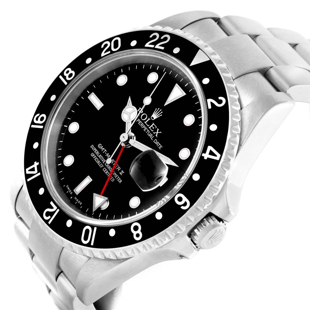 The image shows a Rolex GMT-Master 20121 Men's Stainless Steel Black Dial 20121 Men's Stainless Steel Black Dial watch at an angled view, highlighting its black dial, bezel, and crown.