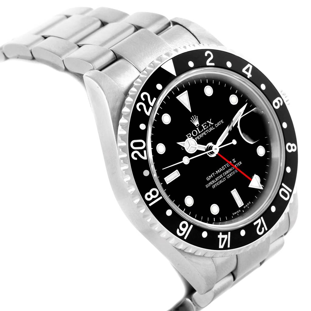The image shows a Rolex GMT-Master 20121 Men's Stainless Steel Black Dial 20121 Men's Stainless Steel Black Dial watch from an angled side view, highlighting the bezel, dial, and part of the bracelet.