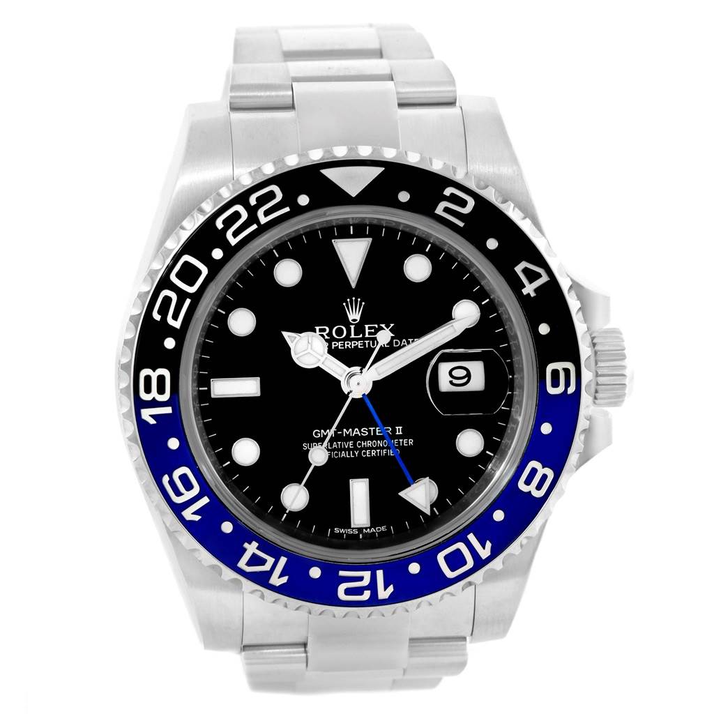 This image shows a front view of the Rolex GMT-Master 116710 Men's Stainless Steel Black Dial 116710 Men's Stainless Steel Black Dial II watch, displaying the face, bezel, and part of the bracelet.