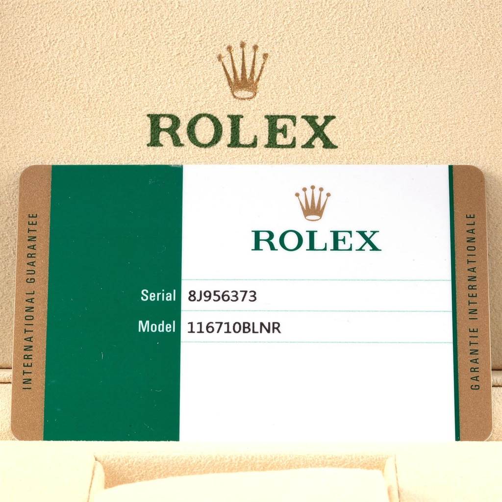 This image shows the international guarantee card for the Rolex GMT-Master 116710 Men's Stainless Steel Black Dial 116710 Men's Stainless Steel Black Dial model, with the model number 116710BLNR.