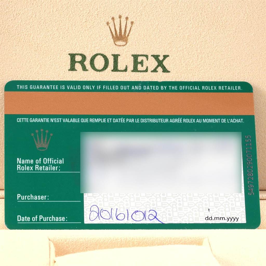 This image shows a Rolex guarantee card for the GMT-Master model, with sections for the retailer, purchaser, and date of purchase.
