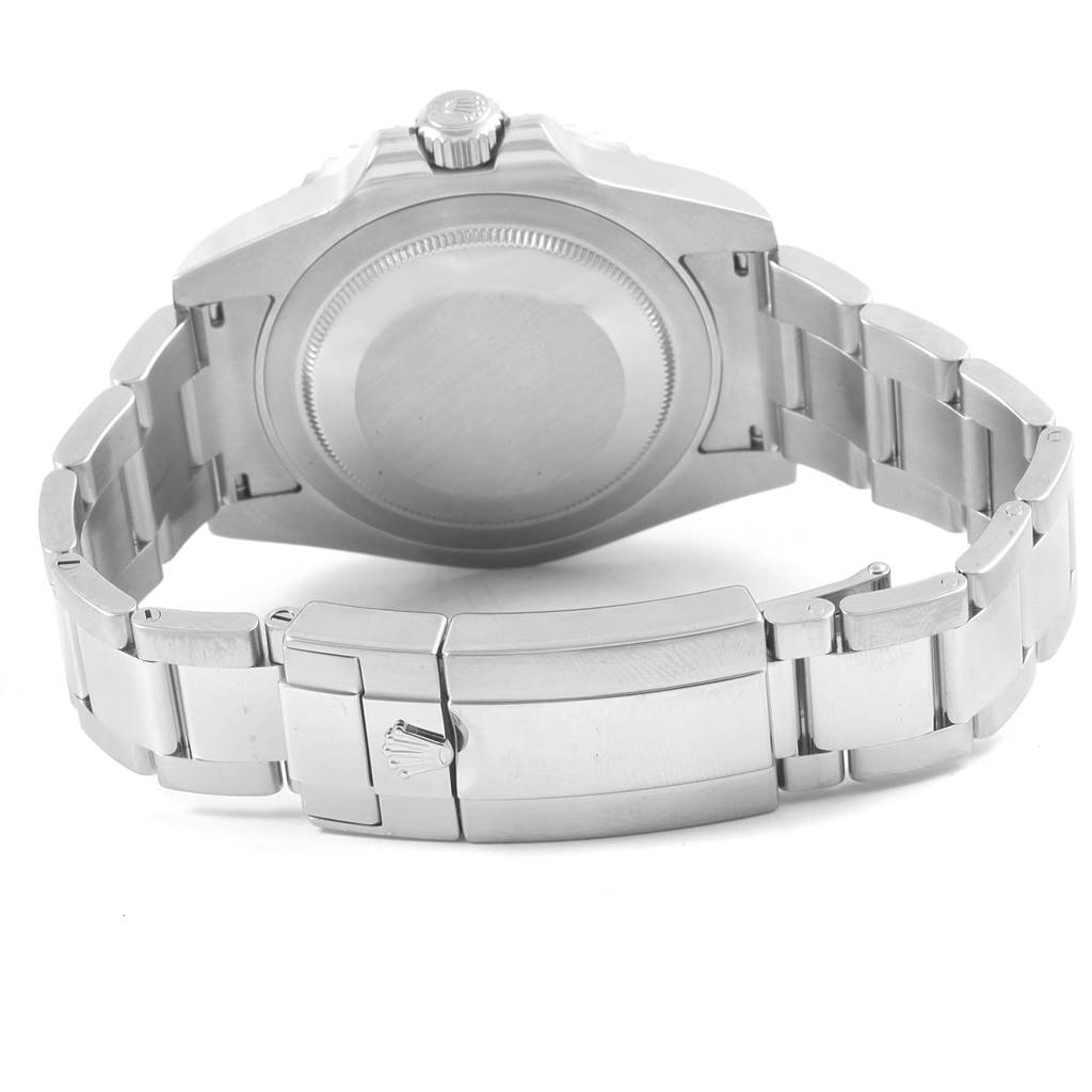 The image shows the back view of a Rolex GMT-Master 116710 Men's Stainless Steel Black Dial 116710 Men's Stainless Steel Black Dial watch, featuring its case back, crown, and metal bracelet with a clasp.