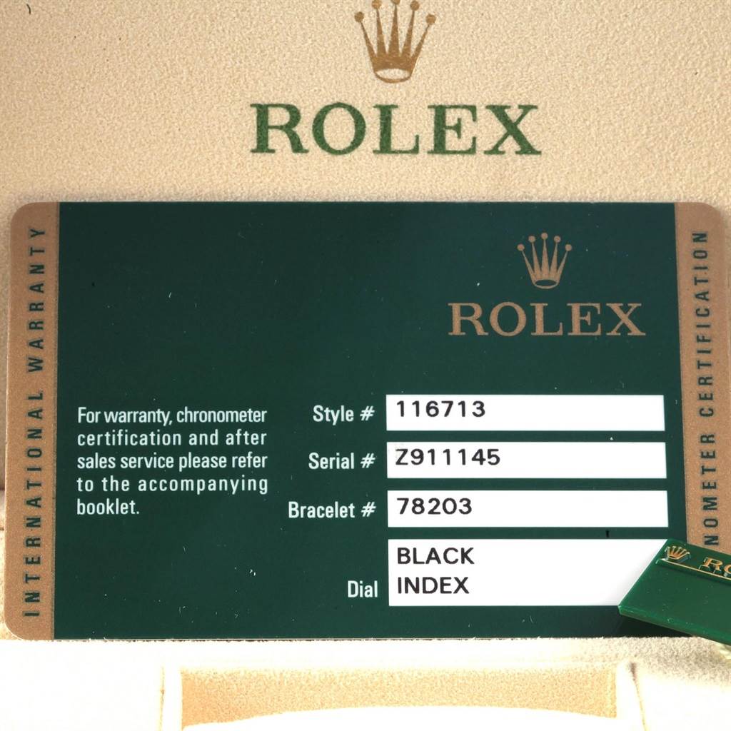 The image shows the warranty card for the Rolex GMT-Master 116713 Men's Stainless Steel Black Dial 116713 Men's Stainless Steel Black Dial model, detailing the style, serial, and bracelet numbers along with the dial type.