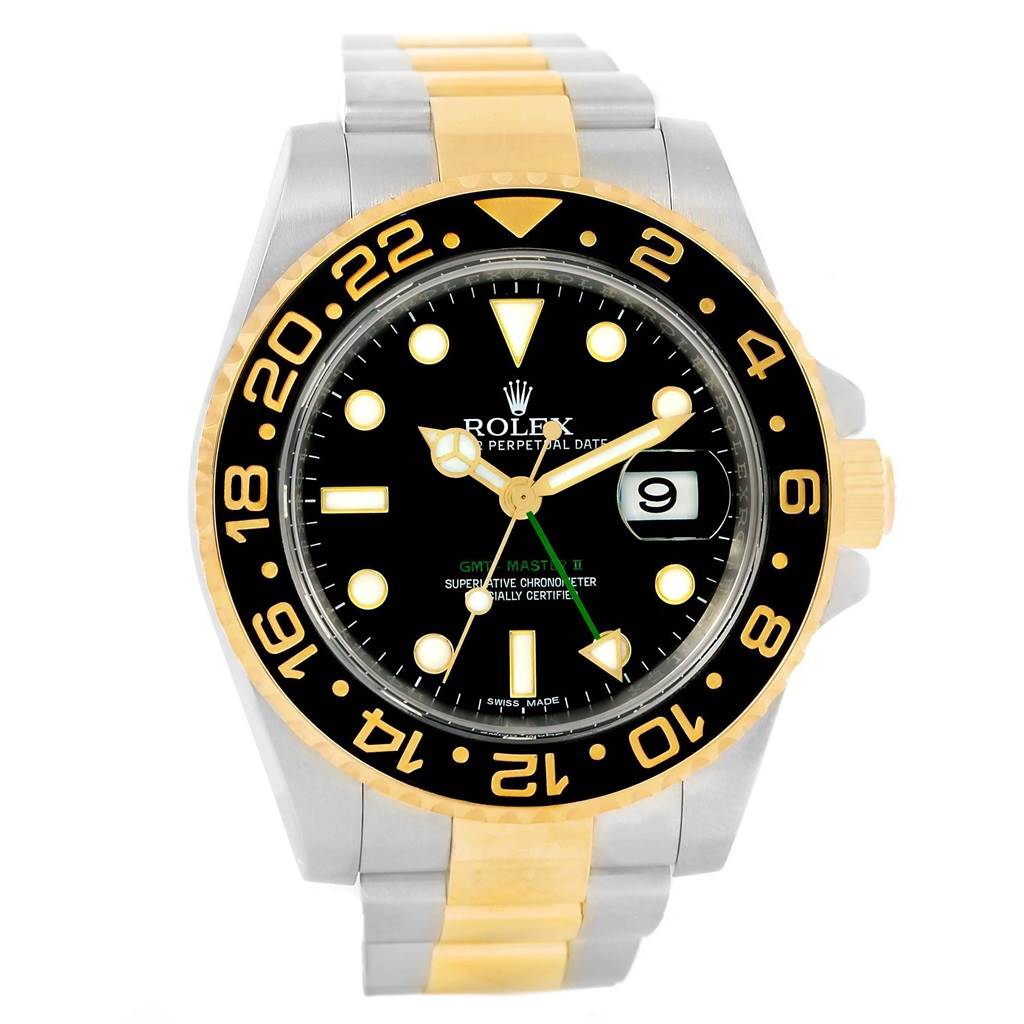 The image shows a frontal view of a Rolex GMT-Master 116713 Men's Stainless Steel Black Dial 116713 Men's Stainless Steel Black Dial watch, showcasing its bezel, dial, hands, date window, and bracelet.