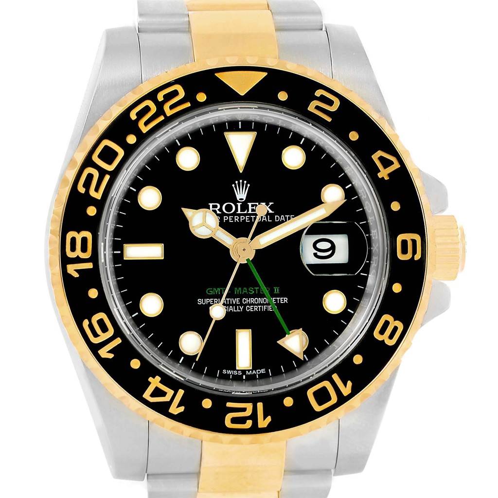 The image shows a front view of a Rolex GMT-Master 116713 Men's Stainless Steel Black Dial 116713 Men's Stainless Steel Black Dial II watch, highlighting its bezel, dial, and bracelet.