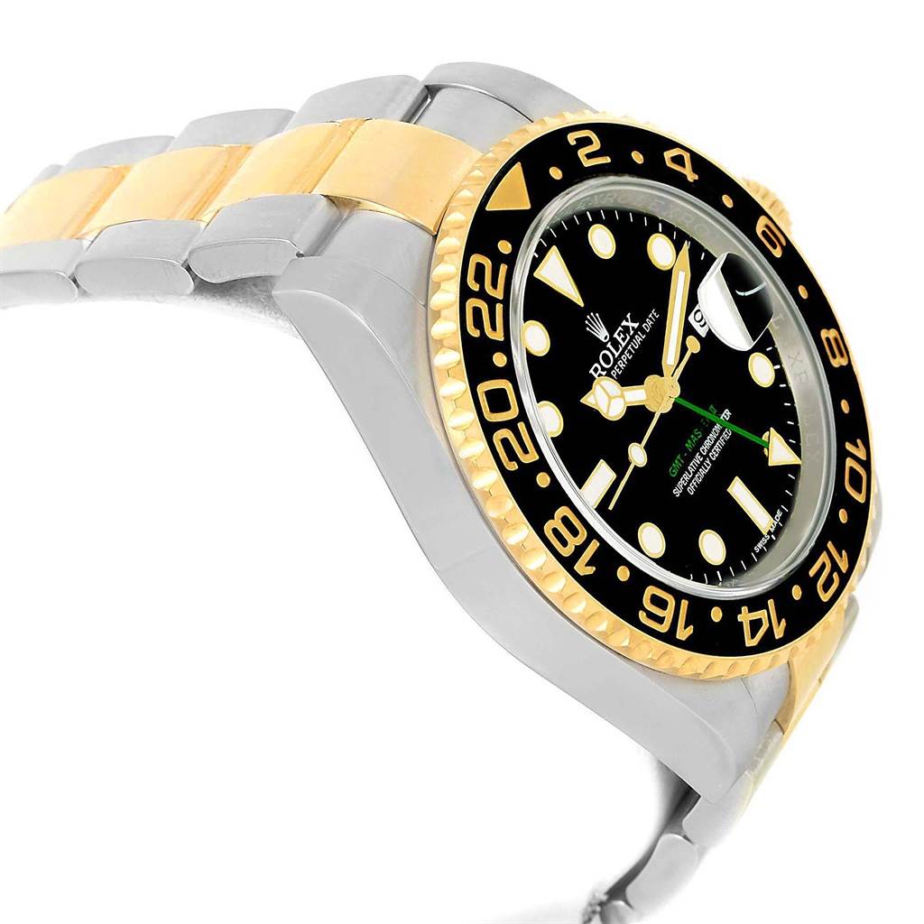 This image shows a side angle of the Rolex GMT-Master 116713 Men's Stainless Steel Black Dial 116713 Men's Stainless Steel Black Dial, highlighting its bezel, dial, and two-tone bracelet.
