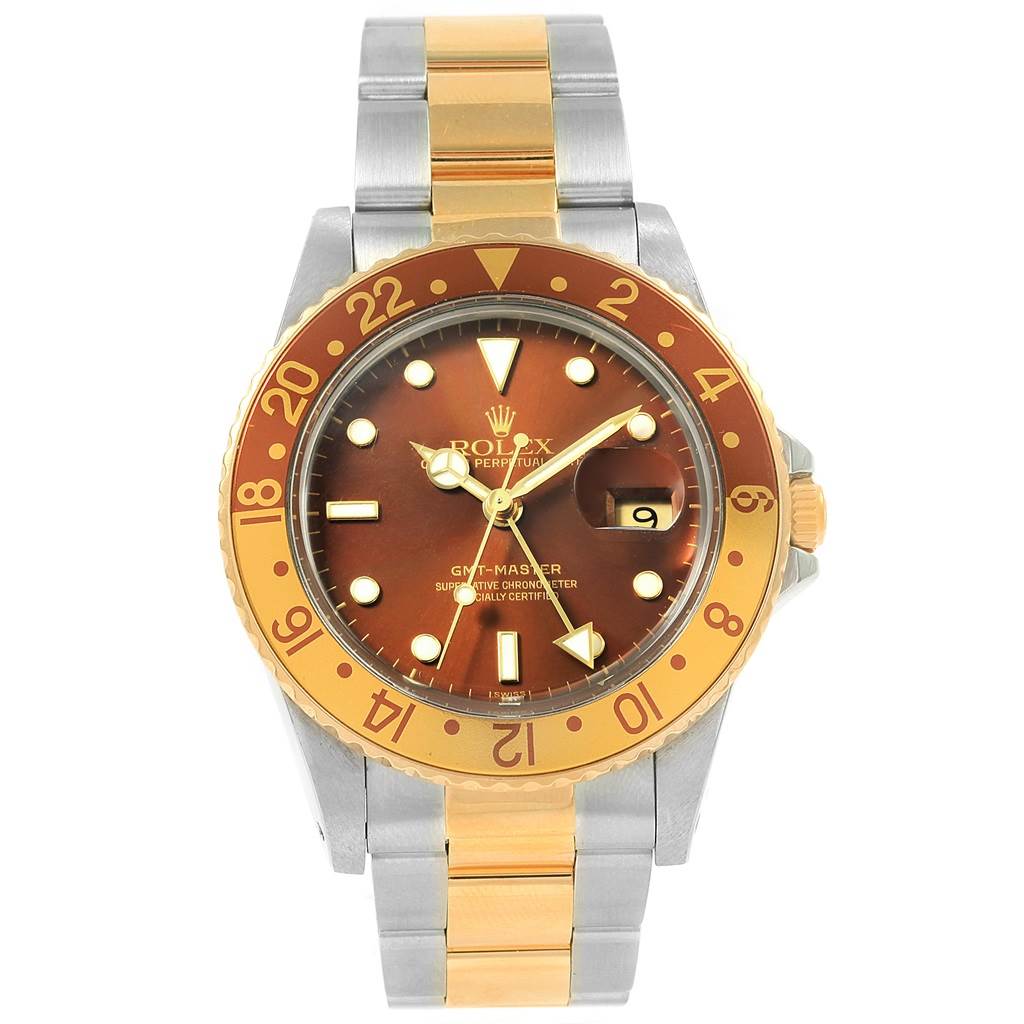 This image displays the front view of a Rolex GMT-Master 16753 Men's Stainless Steel Brown Dial 16753 Men's Stainless Steel Brown Dial watch, showcasing its dial, bezel, and bracelet.