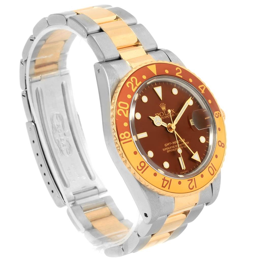 The image shows a side-angle view of a Rolex GMT-Master 16753 Men's Stainless Steel Brown Dial 16753 Men's Stainless Steel Brown Dial watch, highlighting its two-tone bracelet and bezel.