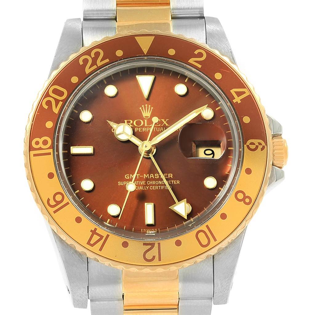This image shows a front view of the Rolex GMT-Master 16753 Men's Stainless Steel Brown Dial 16753 Men's Stainless Steel Brown Dial watch, highlighting its dial, bezel, and part of the bracelet.