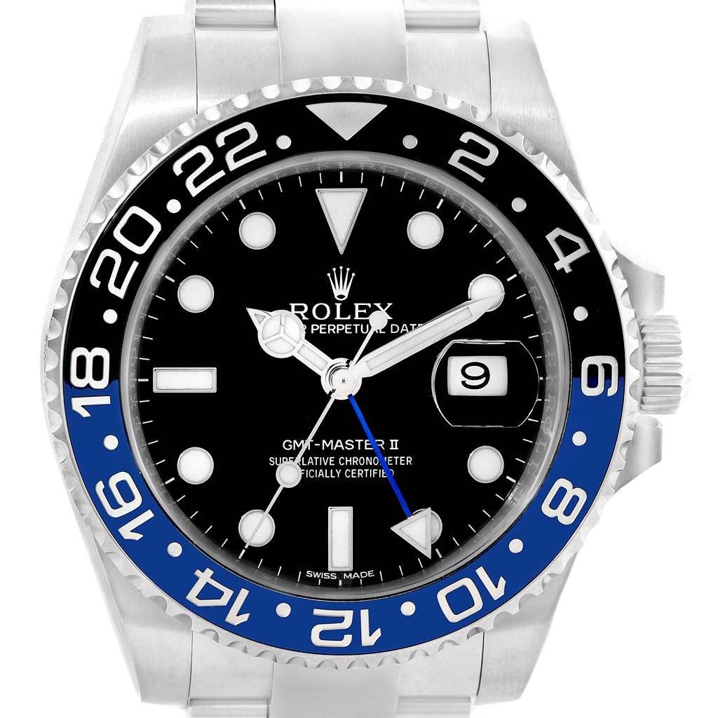 The Rolex GMT-Master 116710 Men's Stainless Steel Black Dial 116710 Men's Stainless Steel Black Dial II watch is shown from the front, highlighting the black and blue bezel, dial, and bracelet.