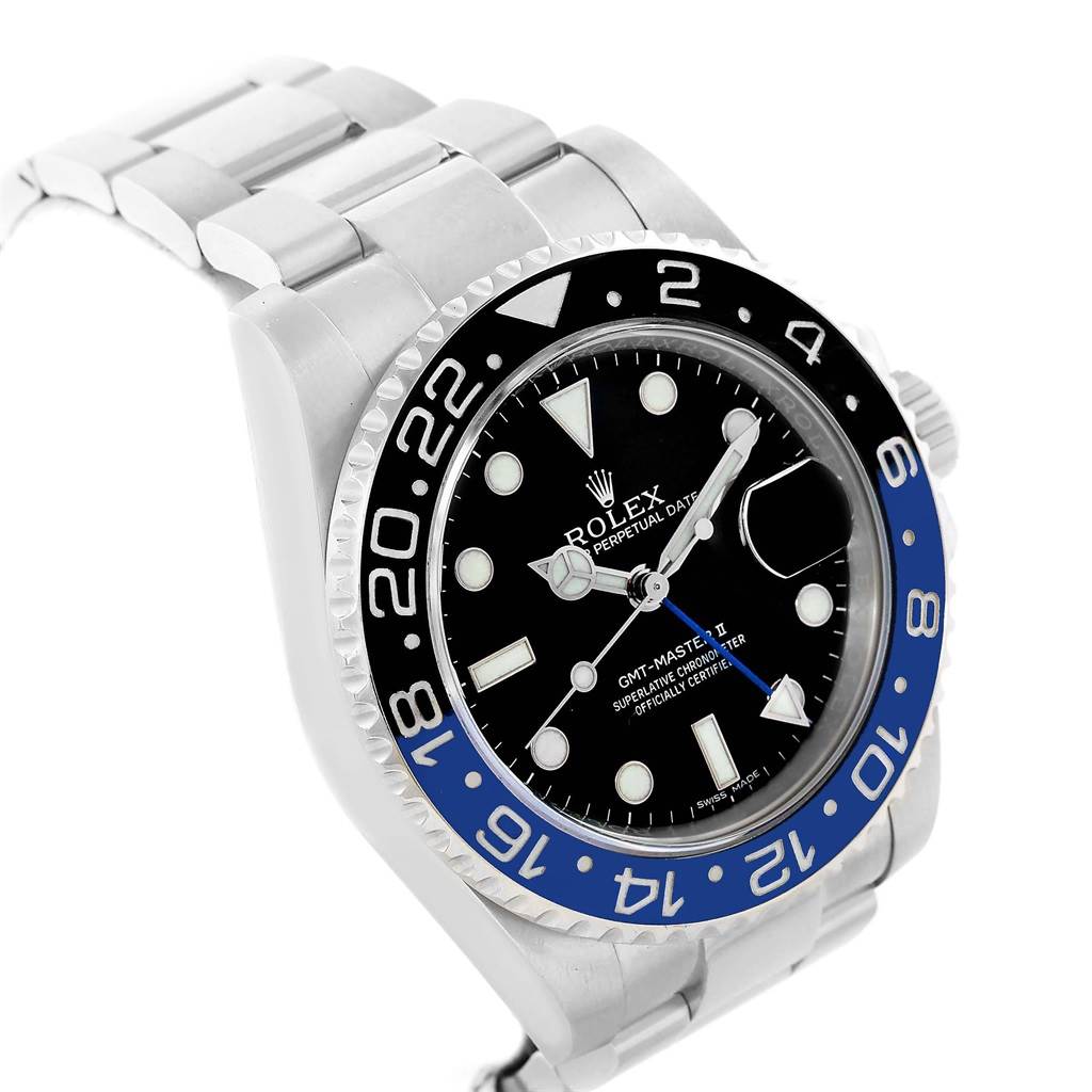 The image shows a Rolex GMT-Master 116710 Men's Stainless Steel Black Dial 116710 Men's Stainless Steel Black Dial watch at an angled view, highlighting the bezel, dial, and part of the band.