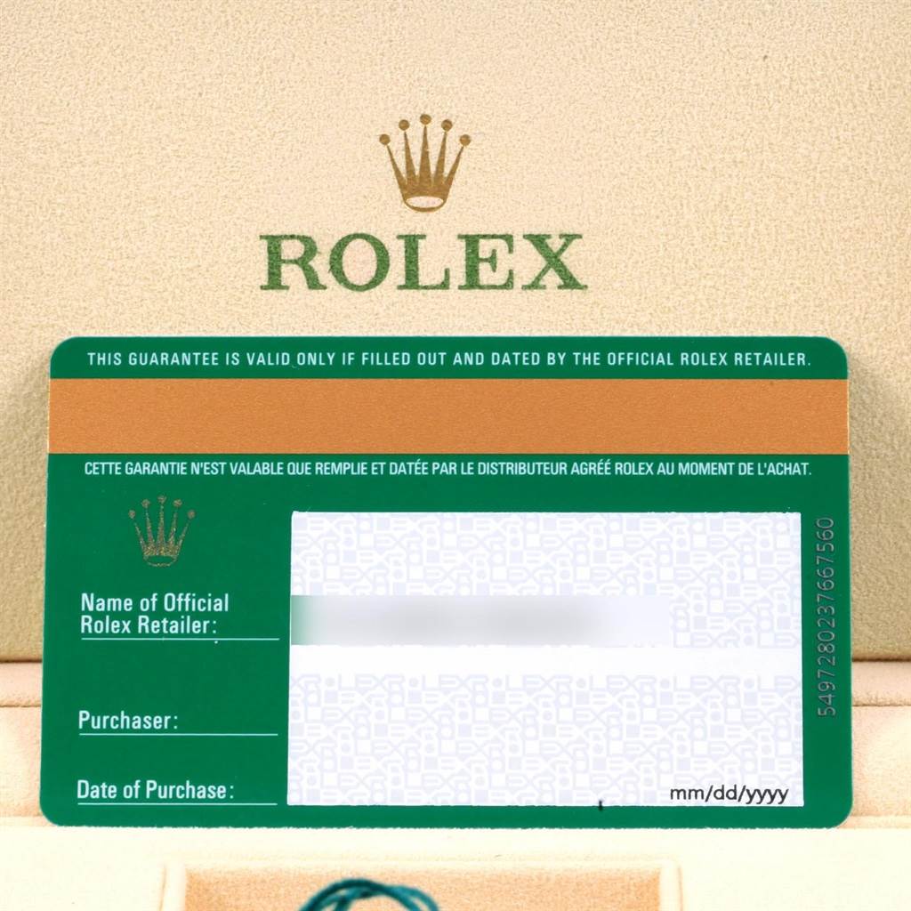 The image shows the warranty card of a Rolex GMT-Master 116710 Men's Stainless Steel Black Dial 116710 Men's Stainless Steel Black Dial, displaying purchase and retailer information fields.