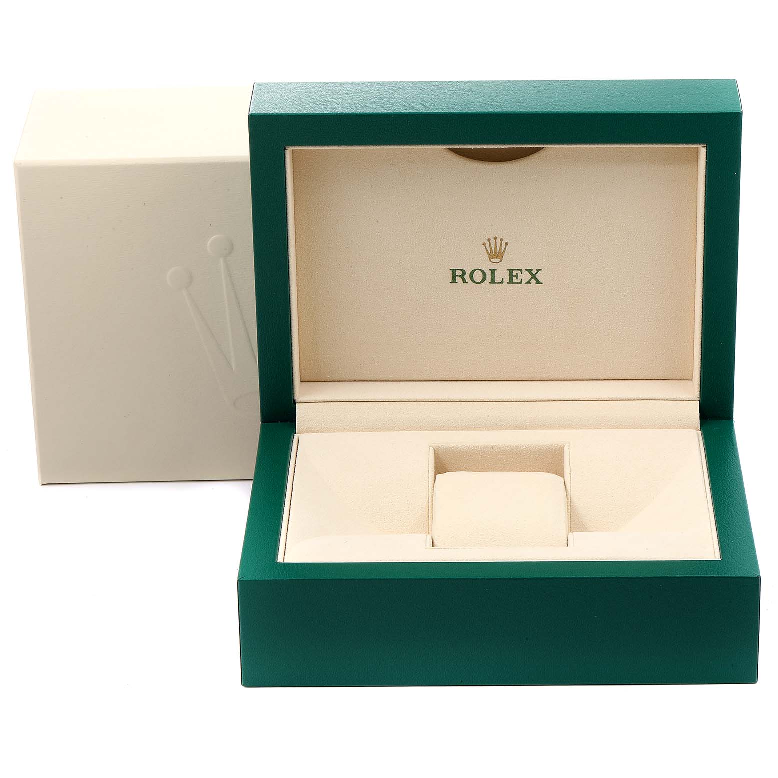 The image shows an empty Rolex GMT-Master 116710 Men's Stainless Steel Black Dial 116710 Men's Stainless Steel Black Dial watch box, featuring a green and beige color scheme with the Rolex logo inside.