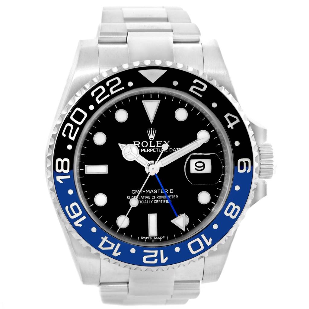 The image shows a front view of a Rolex GMT-Master 116710 Men's Stainless Steel Black Dial 116710 Men's Stainless Steel Black Dial II watch, highlighting its bezel, dial, and metal bracelet.
