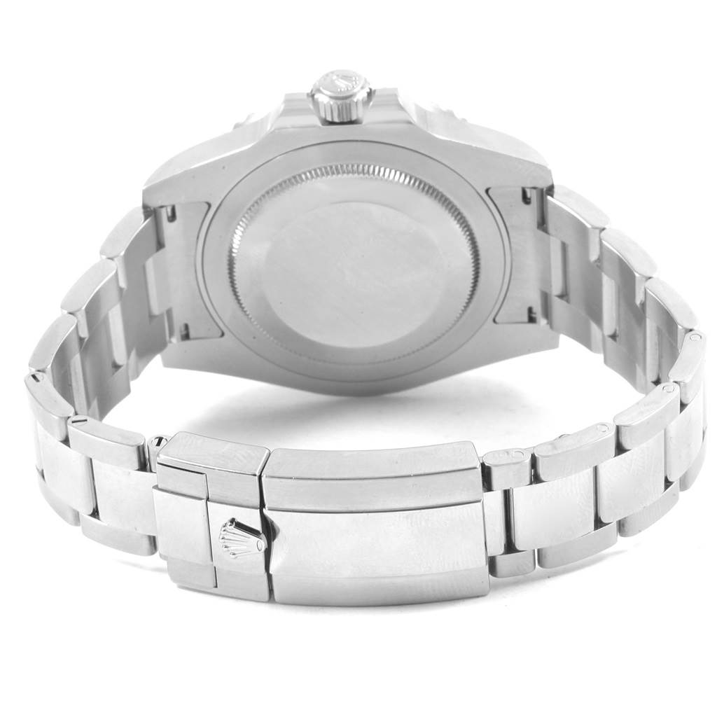 This image shows the back case and metal bracelet of the Rolex GMT-Master 116710 Men's Stainless Steel Black Dial 116710 Men's Stainless Steel Black Dial watch, including the clasp and crown.