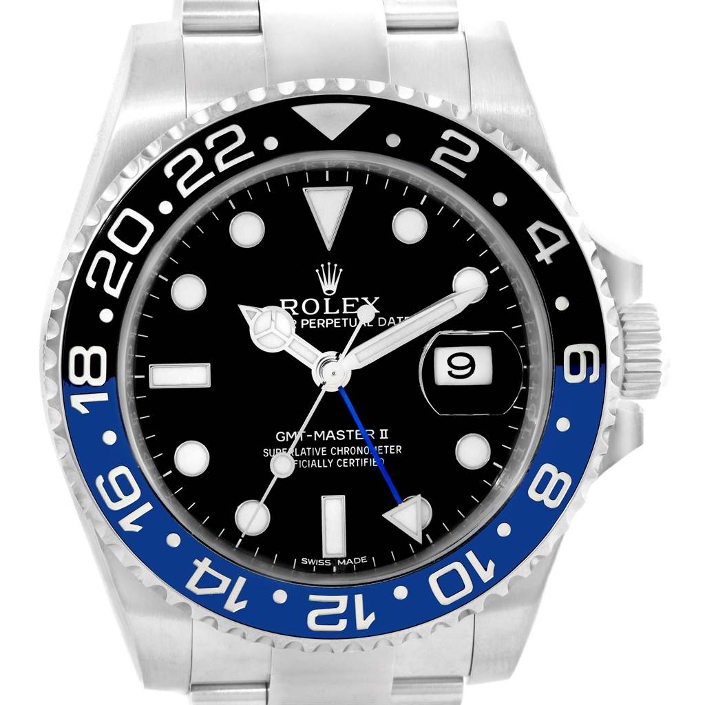 The image shows a front view of a Rolex GMT-Master 116710 Men's Stainless Steel Black Dial 116710 Men's Stainless Steel Black Dial II watch with a black and blue bezel and black dial.
