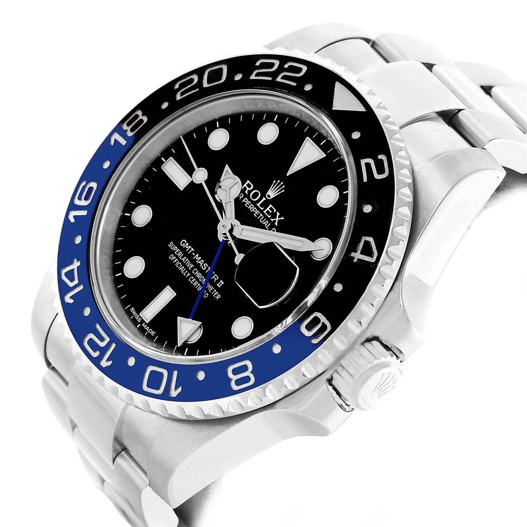The image displays a side angle of the Rolex GMT-Master 116710 Men's Stainless Steel Black Dial 116710 Men's Stainless Steel Black Dial watch, highlighting its face, bezel, and part of the bracelet.