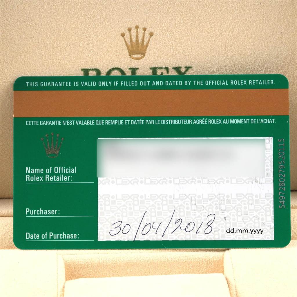 The image shows a guarantee card for the Rolex GMT-Master 116710 Men's Stainless Steel Black Dial 116710 Men's Stainless Steel Black Dial, including fields for official retailer, purchaser, and date of purchase.