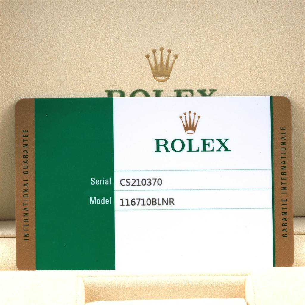 The image shows a warranty card for the Rolex GMT-Master 116710 Men's Stainless Steel Black Dial 116710 Men's Stainless Steel Black Dial model 116710BLNR, displayed flat against a beige background.