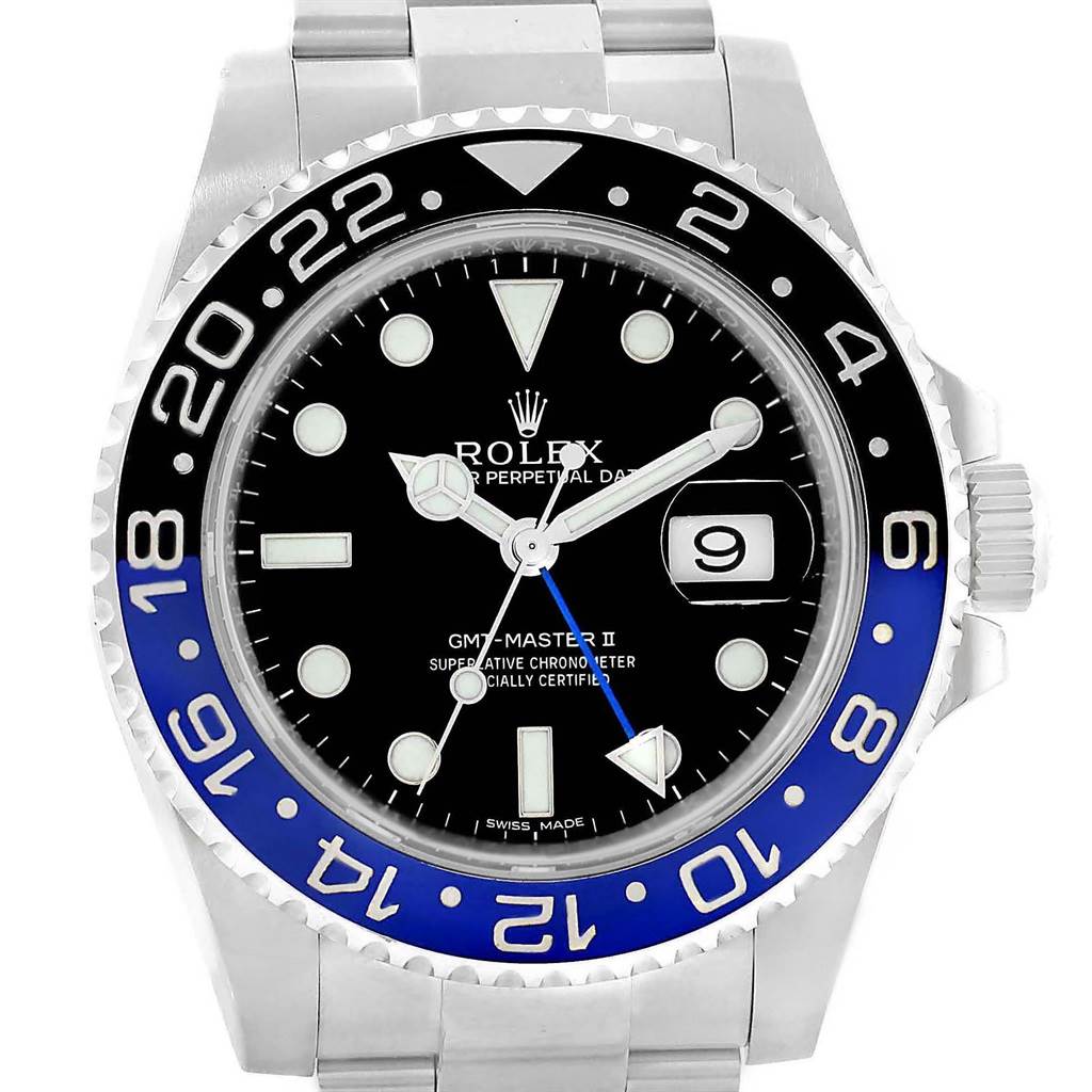 This is a frontal view of a Rolex GMT-Master 116710 Men's Stainless Steel Black Dial 116710 Men's Stainless Steel Black Dial II watch, featuring its bezel, dial, hands, and date window.