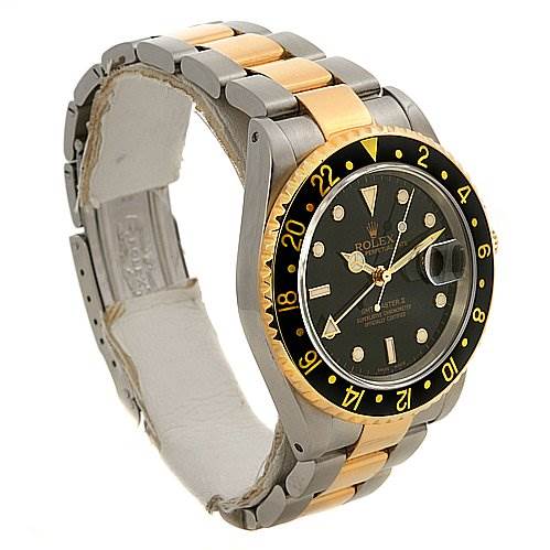 The image shows a side angle of a Rolex GMT-Master 16713 Men's Stainless Steel Black Dial 16713 Men's Stainless Steel Black Dial watch, highlighting its two-tone bracelet and bezel.