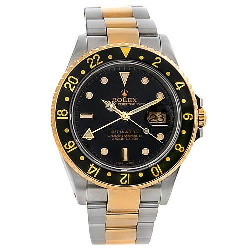 The Rolex GMT-Master 16713 Men's Stainless Steel Black Dial 16713 Men's Stainless Steel Black Dial II watch is shown from a front angle, highlighting the dial, bezel, and two-tone bracelet.