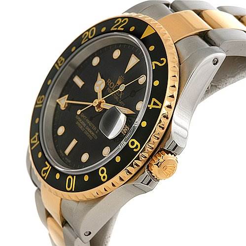 The image shows a side angle of the Rolex GMT-Master 16713 Men's Stainless Steel Black Dial 16713 Men's Stainless Steel Black Dial watch, highlighting the bezel, crown, and part of the bracelet.