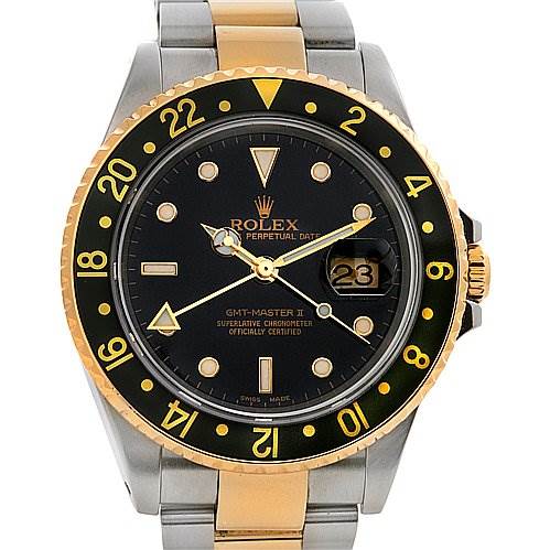 This image shows a frontal view of a Rolex GMT-Master 16713 Men's Stainless Steel Black Dial 16713 Men's Stainless Steel Black Dial II watch, highlighting the bezel, dial, and two-tone bracelet.