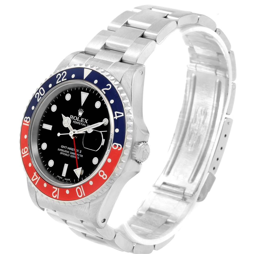 This image shows a Rolex GMT-Master 16710 Men's Stainless Steel Black Dial 16710 Men's Stainless Steel Black Dial watch from an angled side view, highlighting the bezel, dial, and partially open bracelet.