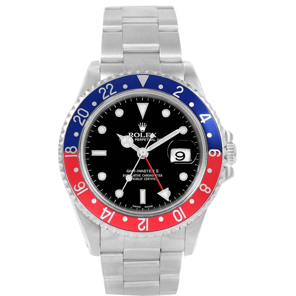 The image shows a front view of the Rolex GMT-Master 16710 Men's Stainless Steel Black Dial 16710 Men's Stainless Steel Black Dial II watch, highlighting its red and blue bezel and black dial with date display.