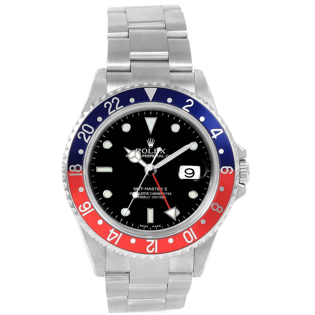 This image shows a front view of the Rolex GMT-Master 16710 Men's Stainless Steel Black Dial 16710 Men's Stainless Steel Black Dial with a red and blue bezel and stainless steel bracelet.