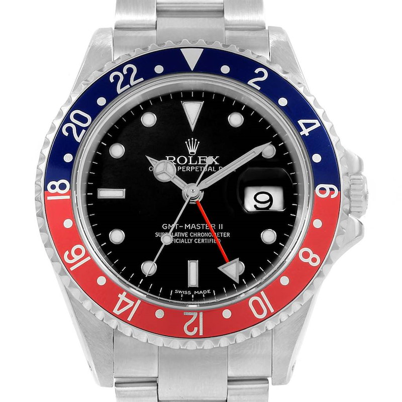 Rolex GMT Master II Blue Red Pepsi Bezel Mens Watch 16710 Box Papers SwissWatchExpo