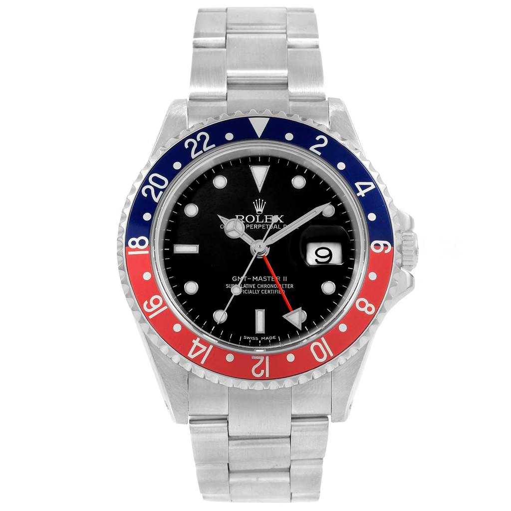 This image shows a front view of a Rolex GMT-Master 16710 Men's Stainless Steel Black Dial 16710 Men's Stainless Steel Black Dial II watch with a red and blue bezel and stainless steel bracelet.