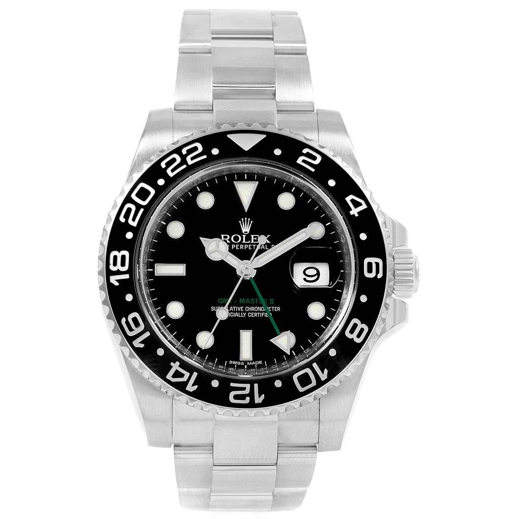 The Rolex GMT-Master 116710 Men's Stainless Steel Black Dial 116710 Men's Stainless Steel Black Dial watch is shown from a front angle, displaying the face, bezel, crown, and bracelet.