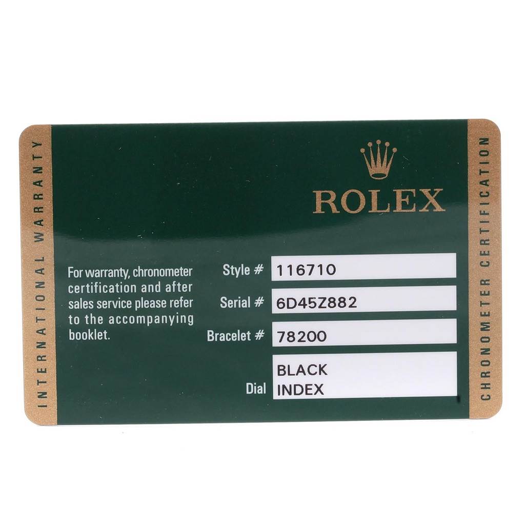 This is the warranty card for a Rolex GMT-Master 116710 Men's Stainless Steel Black Dial 116710 Men's Stainless Steel Black Dial model, showing style, serial, bracelet, and dial information.