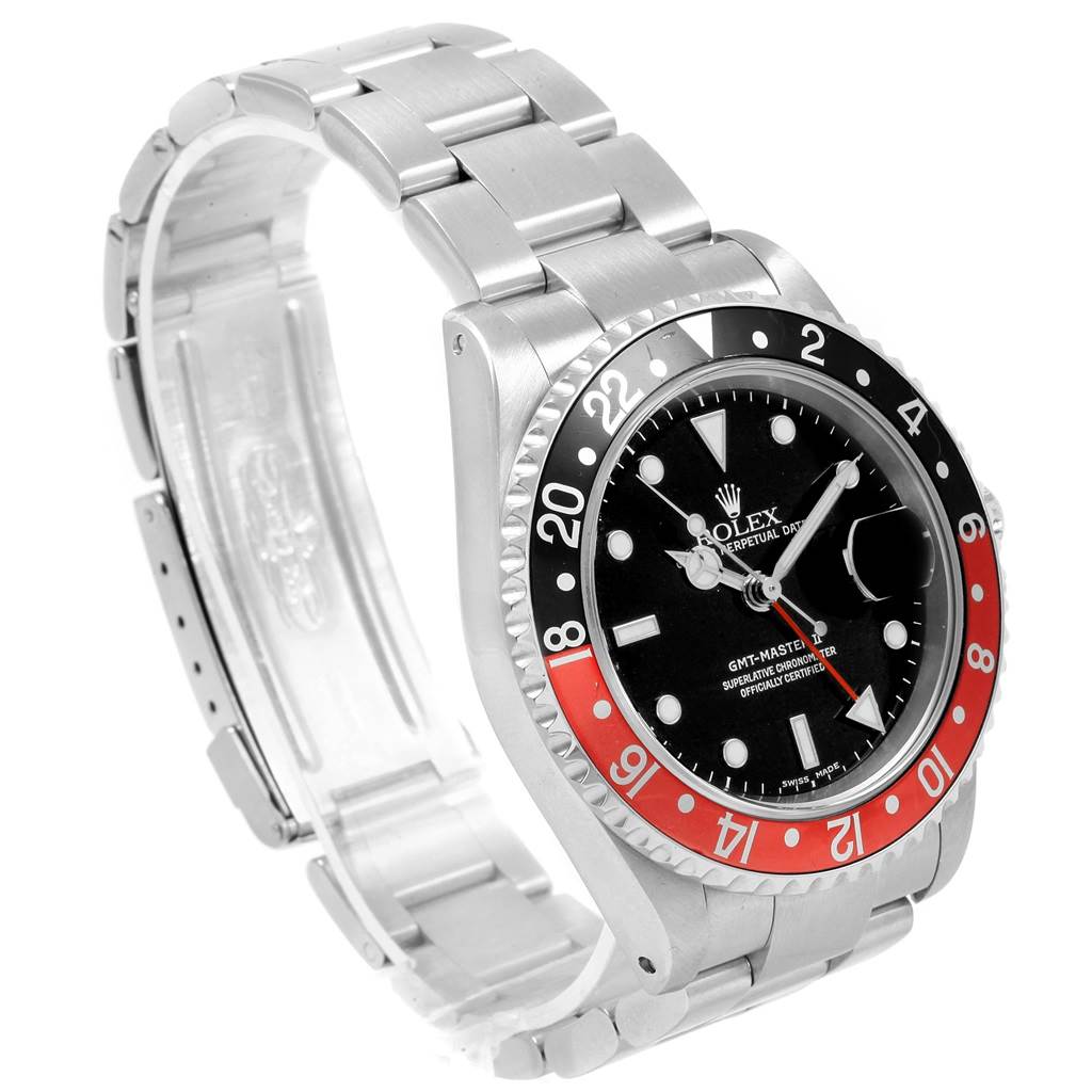 The image shows a Rolex GMT-Master 16710 Men's Stainless Steel Black Dial 16710 Men's Stainless Steel Black Dial watch at a three-quarter angle, highlighting the bezel, dial, and metal bracelet.