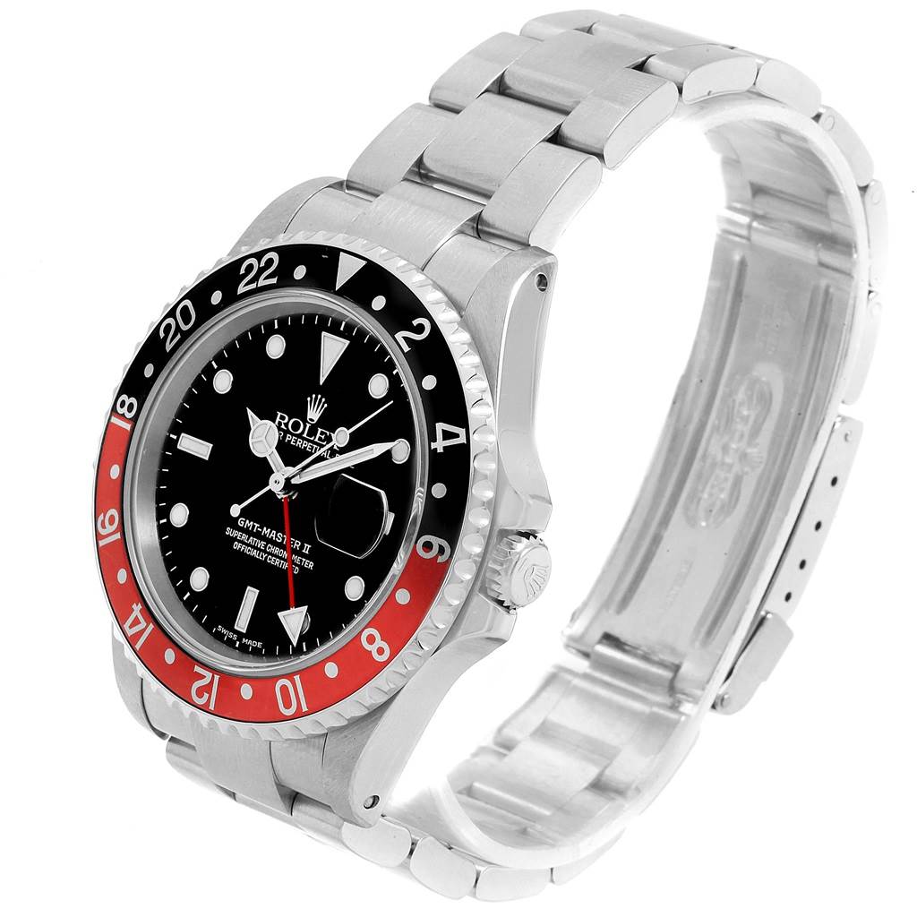 The Rolex GMT-Master 16710 Men's Stainless Steel Black Dial 16710 Men's Stainless Steel Black Dial watch is shown at a three-quarter angle, highlighting its bezel, dial, crown, and bracelet.