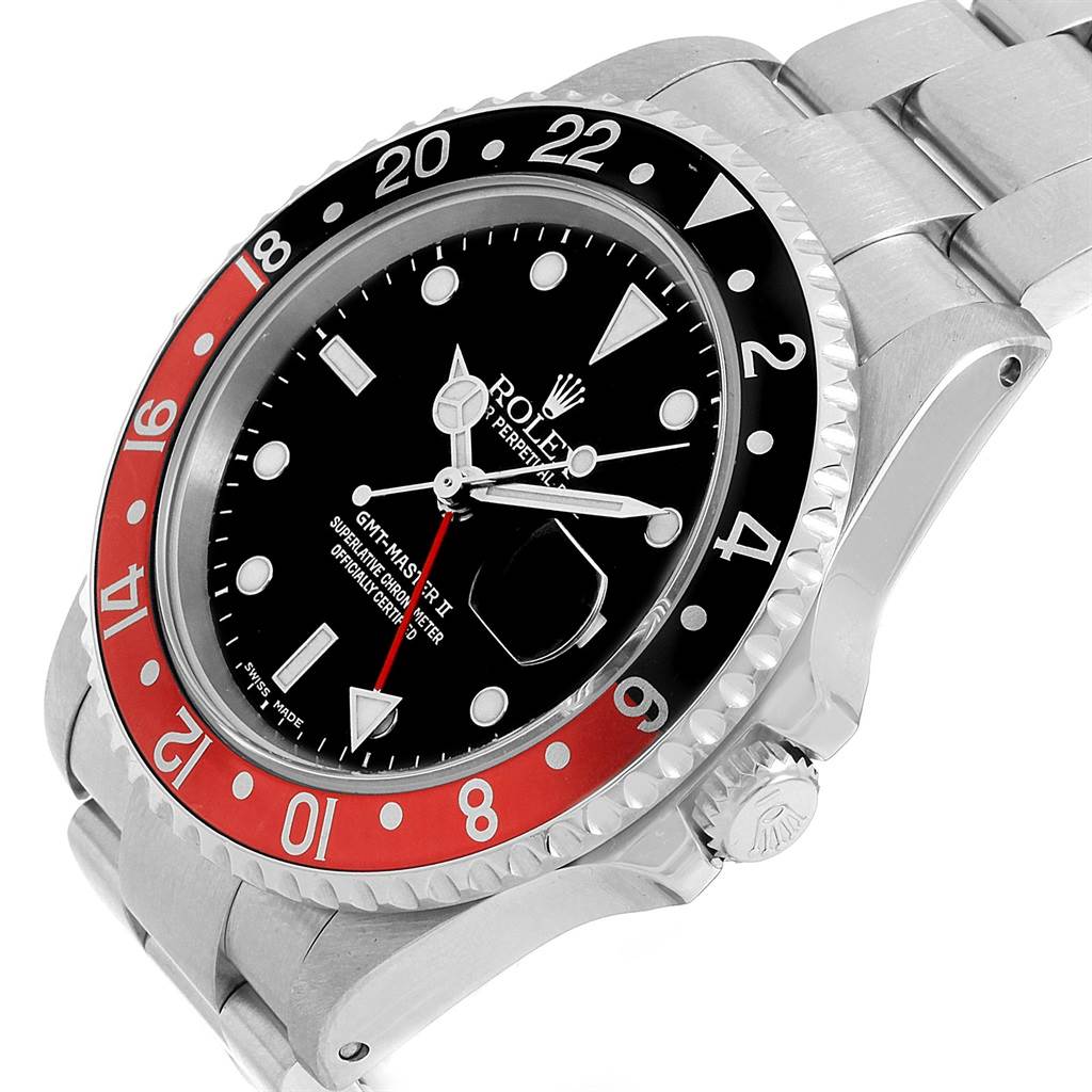 This image shows the front and side angles of a Rolex GMT-Master 16710 Men's Stainless Steel Black Dial 16710 Men's Stainless Steel Black Dial watch, highlighting its black and red bezel, dial, and bracelet.