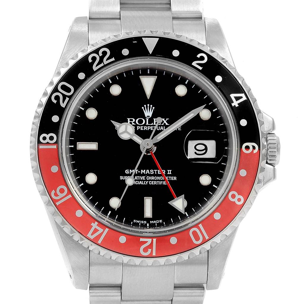 This image shows a front view of a Rolex GMT-Master 16710 Men's Stainless Steel Black Dial 16710 Men's Stainless Steel Black Dial II watch, displaying the dial, bezel, and bracelet.