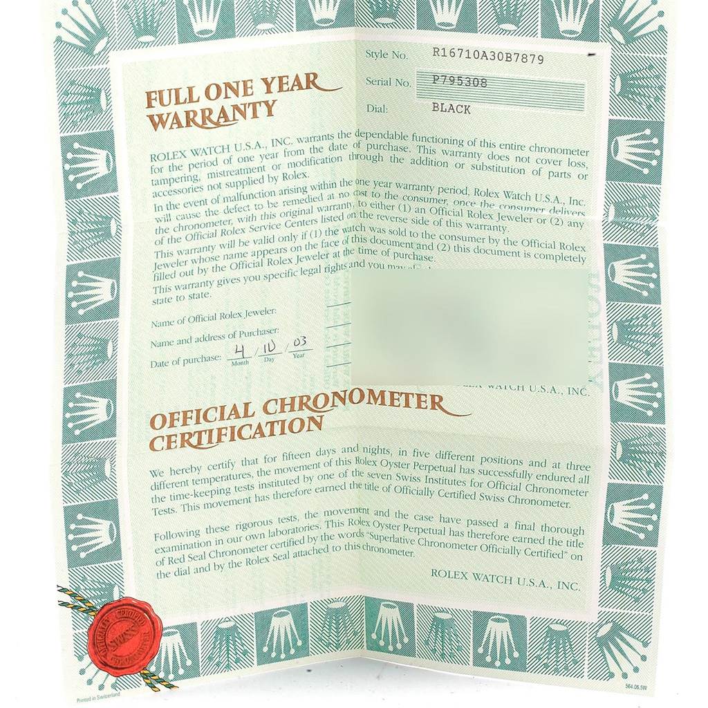 This image shows the warranty and certification papers for a Rolex GMT-Master 16710 Men's Stainless Steel Black Dial 16710 Men's Stainless Steel Black Dial watch, including the model and serial numbers.