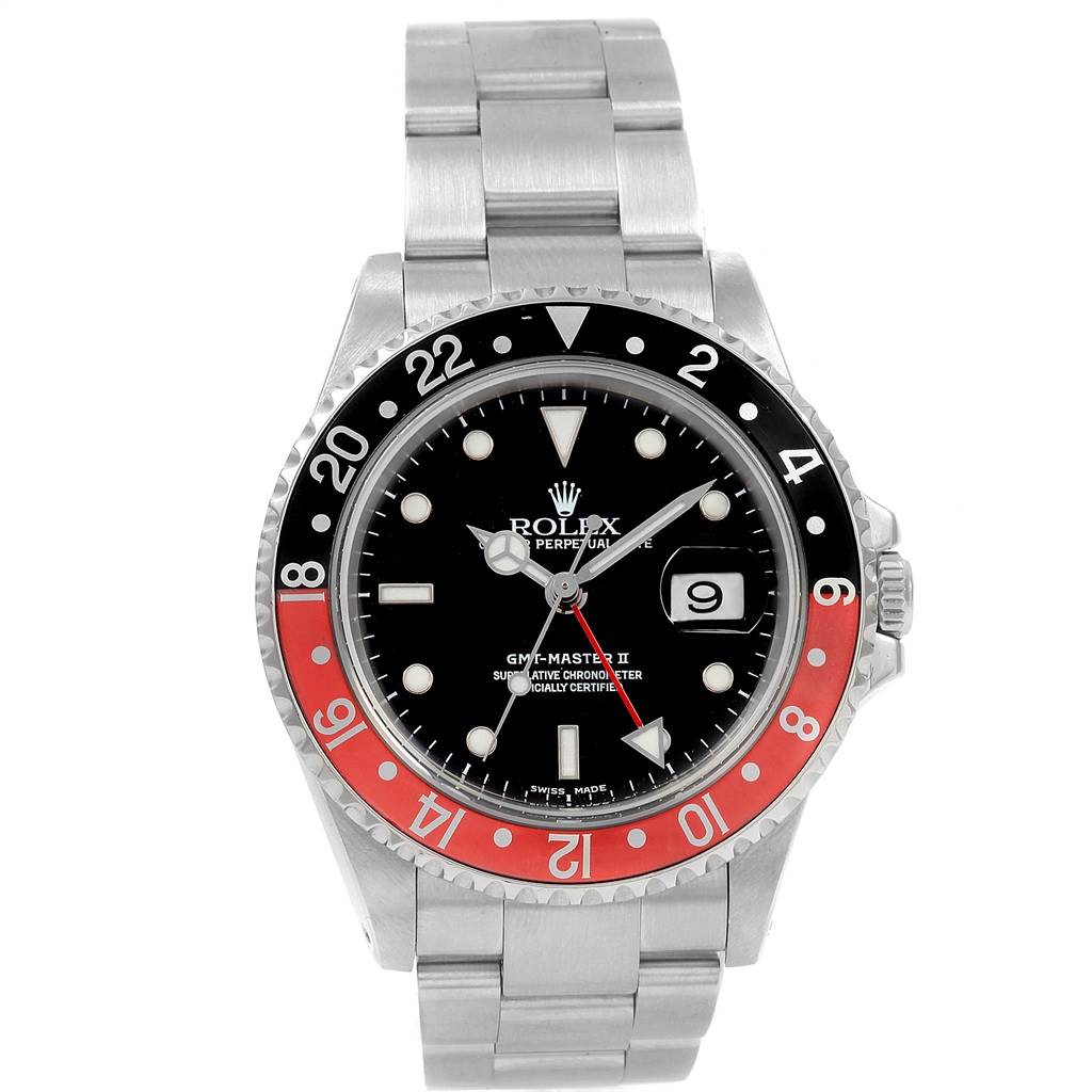 The image shows a front view of a Rolex GMT-Master 16710 Men's Stainless Steel Black Dial 16710 Men's Stainless Steel Black Dial II watch with a black and red bezel and stainless steel bracelet.