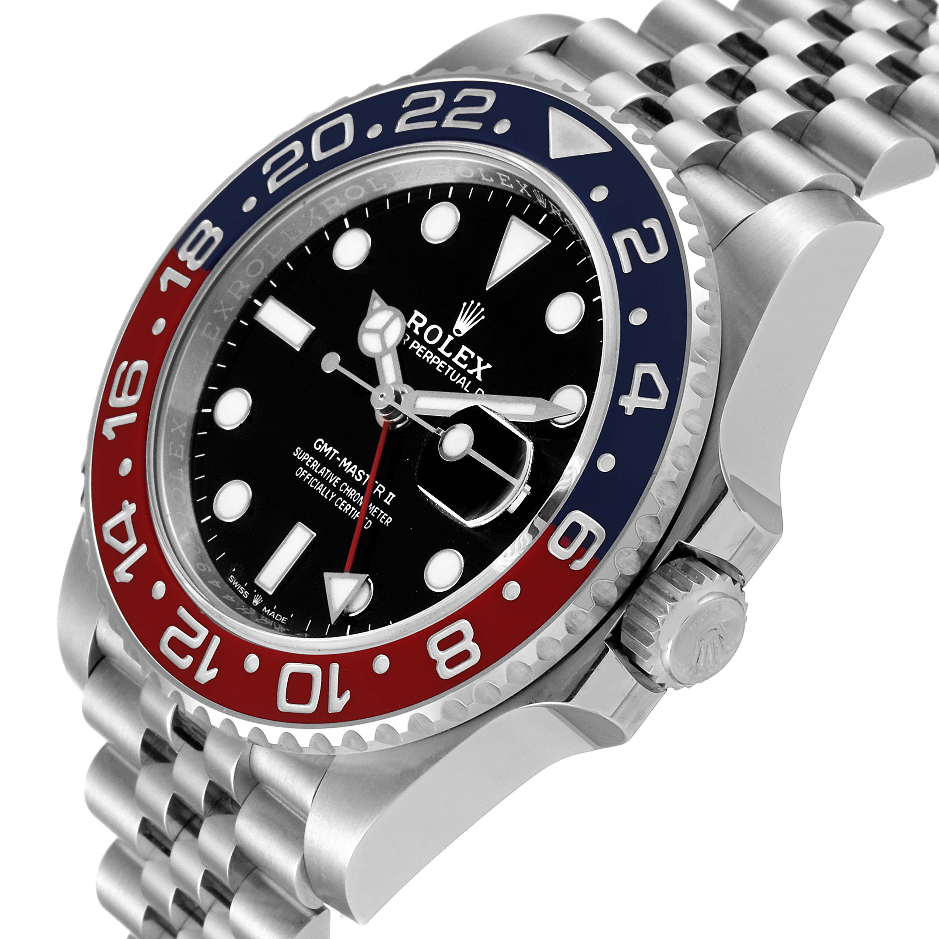 The image shows a Rolex GMT-Master 126710 Men's Stainless Steel Black Dial 126710 Men's Stainless Steel Black Dial II watch at an angle, displaying the bezel, crown, and bracelet clearly.