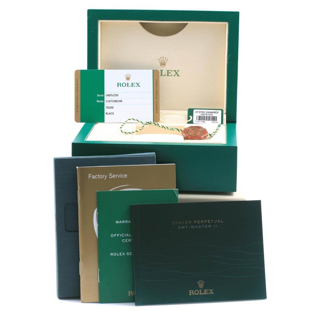 The image displays the packaging, warranty cards, manuals, and tags for a Rolex GMT-Master 116710 Men's Stainless Steel Black Dial 116710 Men's Stainless Steel Black Dial watch, model 116710BLNR.