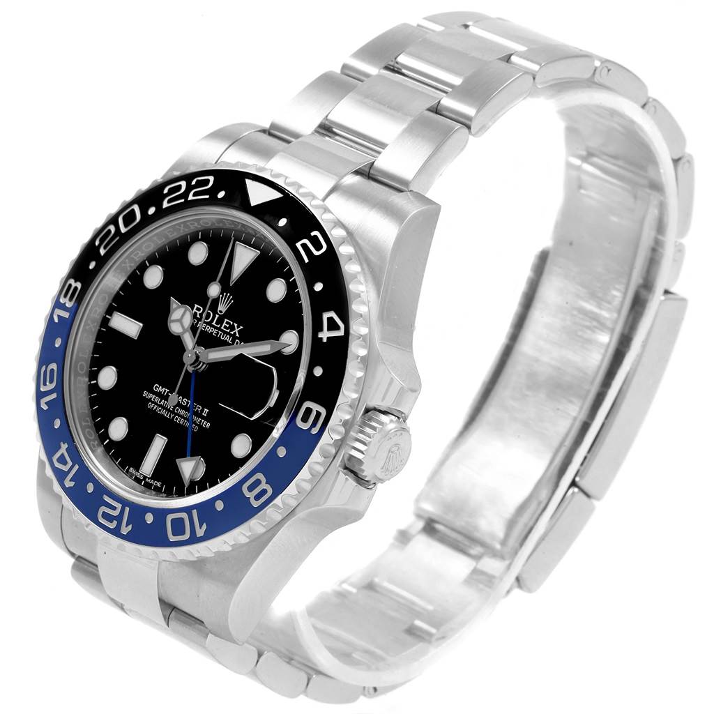 The image shows a Rolex GMT-Master 116710 Men's Stainless Steel Black Dial 116710 Men's Stainless Steel Black Dial watch at a three-quarter angle, highlighting the bezel, crown, face, and bracelet.