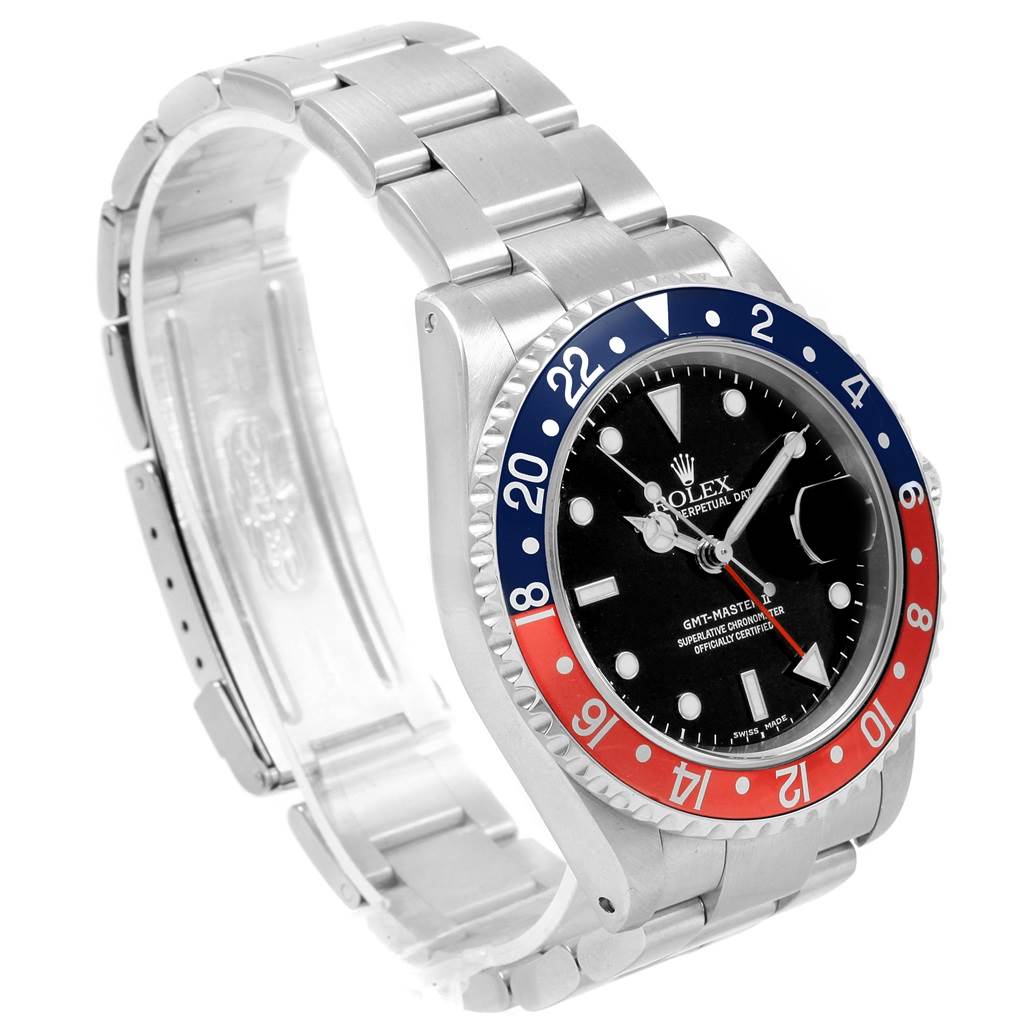 The Rolex GMT-Master 16710 Men's Stainless Steel Black Dial 16710 Men's Stainless Steel Black Dial watch is shown at an angle, displaying its dial, bezel, case, and metal bracelet.