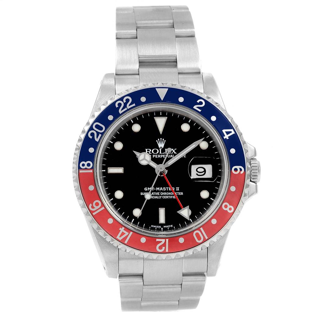 This Rolex GMT-Master 16710 Men's Stainless Steel Black Dial 16710 Men's Stainless Steel Black Dial II watch is displayed head-on, showing its bezel, dial, hands, and bracelet.